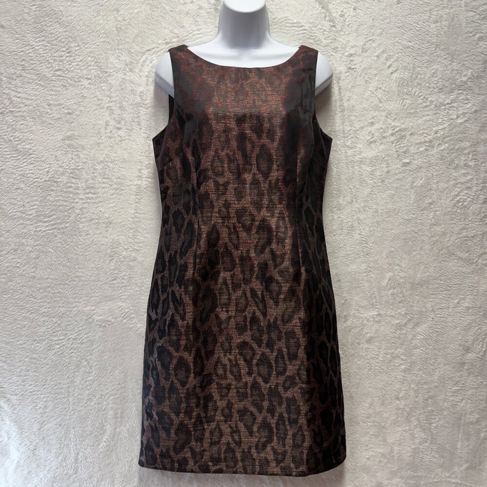 Ann Taylor Leopard Sheath Dress Sz 8 Dark Brown Sleeveless Wedding Statement